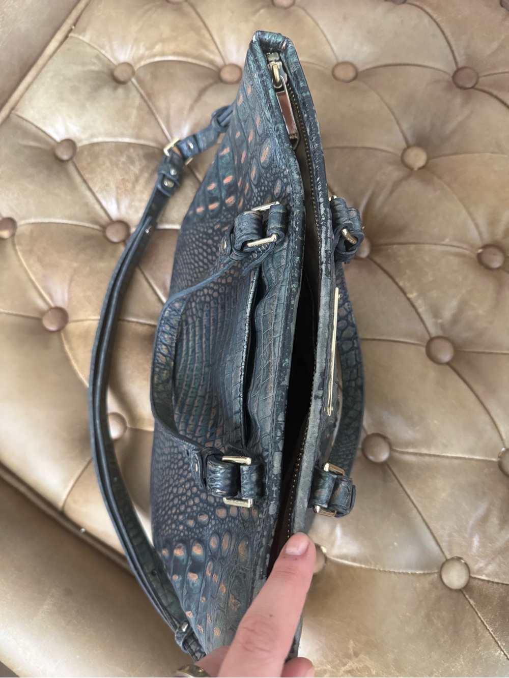 Brahmin Metallic Green Croc Embossed Leather Satchel Crossbody Purse Mini Asher - Picture 9 of 12